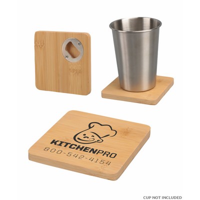 Union Printed - 4" Square Bamboo Coaster with Beer Opener - 1-Color Logo
