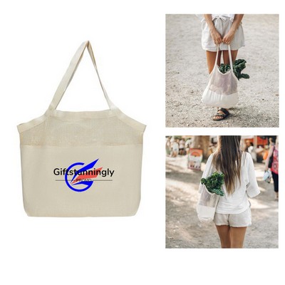 Cotton Canvas Mesh Beach Tote Bag